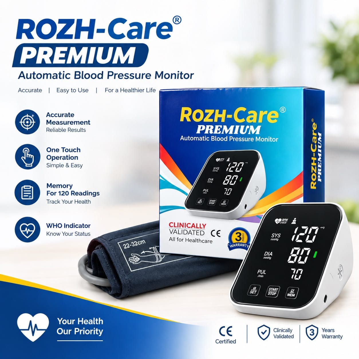 Rozh-Care Premium Automatic Digital Blood Pressure Monitor with Large LED Display