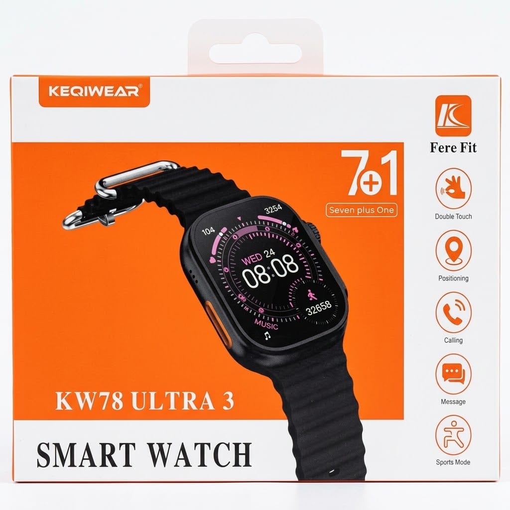 Original- Keqiwear KW78 Ultra 3 Smart Watch – 7+1 Straps Combo with Bluetooth Calling