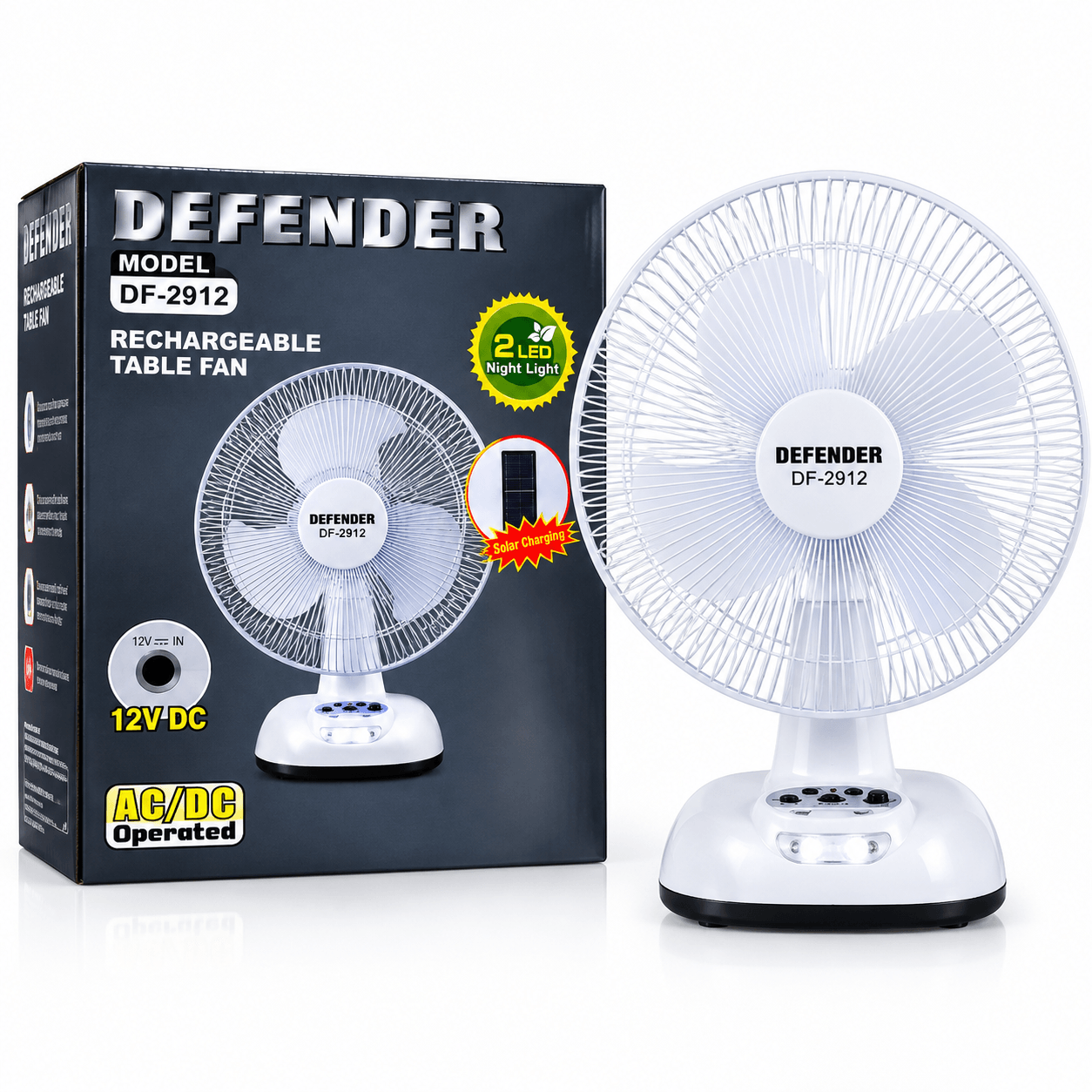 DEFENDER DF-2912 রিচার্জেবল টেবিল ফ্যান – AC/DC, 12V DC ও 2 LED Night Light