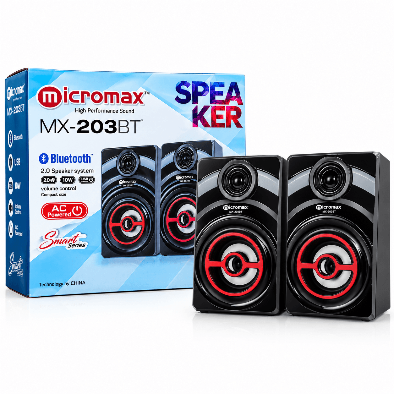 Micromax MX-203BT 2.0 Channel Bluetooth Multimedia Speaker – 10W, USB & AC Powered  