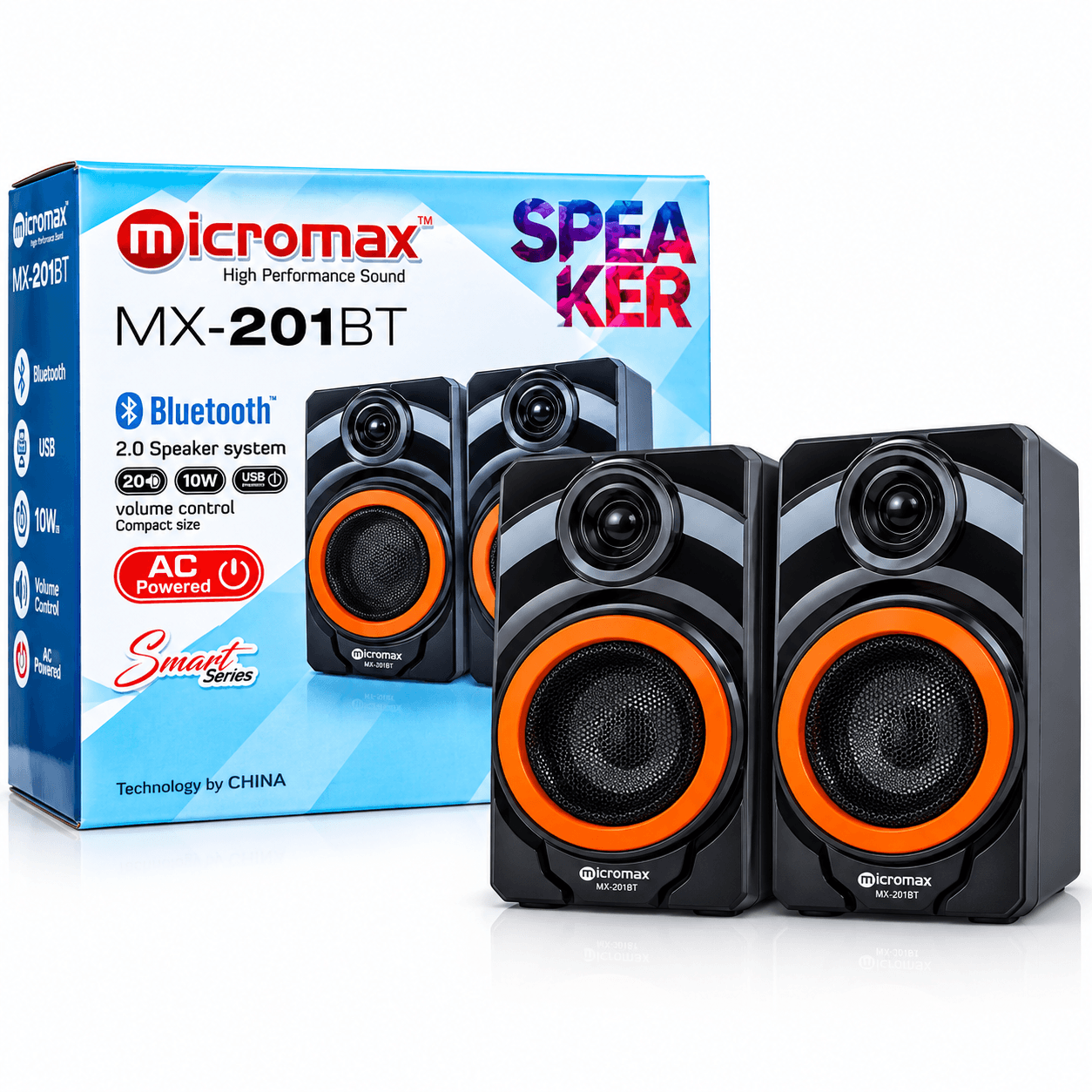 Micromax MX-201BT 2.0 Channel Bluetooth Multimedia Speaker – 10W, USB & AC Powered