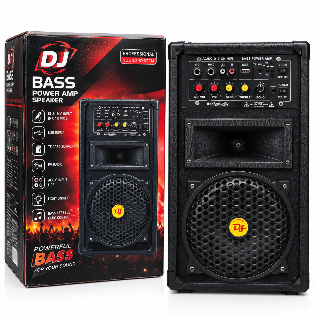 DJ Bass Power Amp Speaker – USB, TF Card, FM & Dual Microphone Input